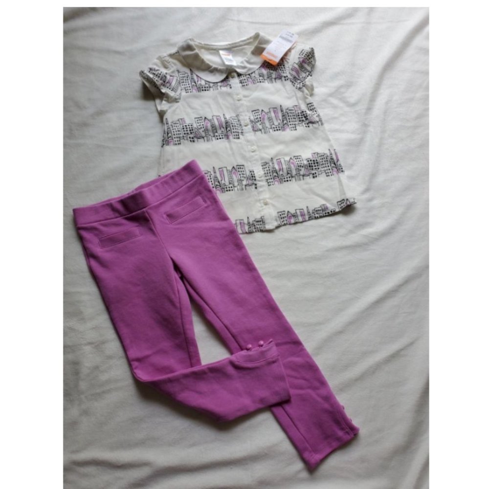 Gymboree outfit purple pants + white short sleeve top with collar Size 5